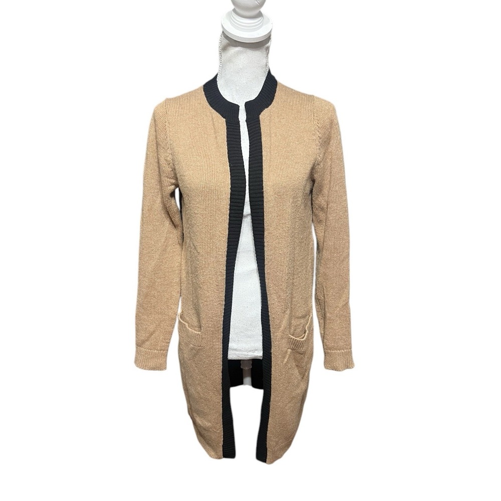 Boden Sweater Wool Alpaca Tan‎ Black Open Front Knit Cardigan Pockets Duster S